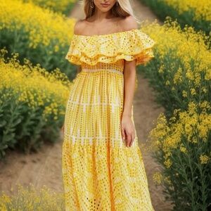 OFF-SHOULDER TIERED RUFFLE EMBROIDERED EYELET DRESS